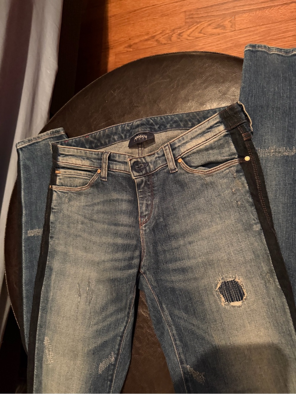 Armani Women's Faded Blue Skinny Jeans with Black Side Stripe